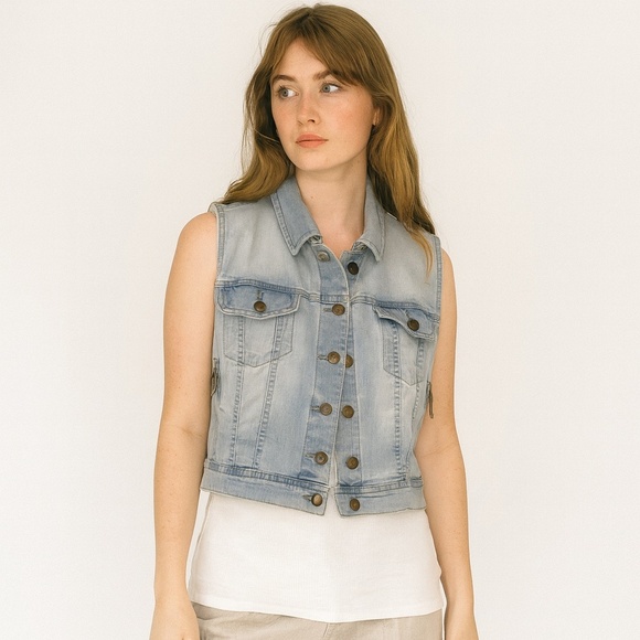 LIQUID JEANS Sleeveless Denim Vest XL Light Wash Y2K Revival Retro Festival EUC - Picture 1 of 15